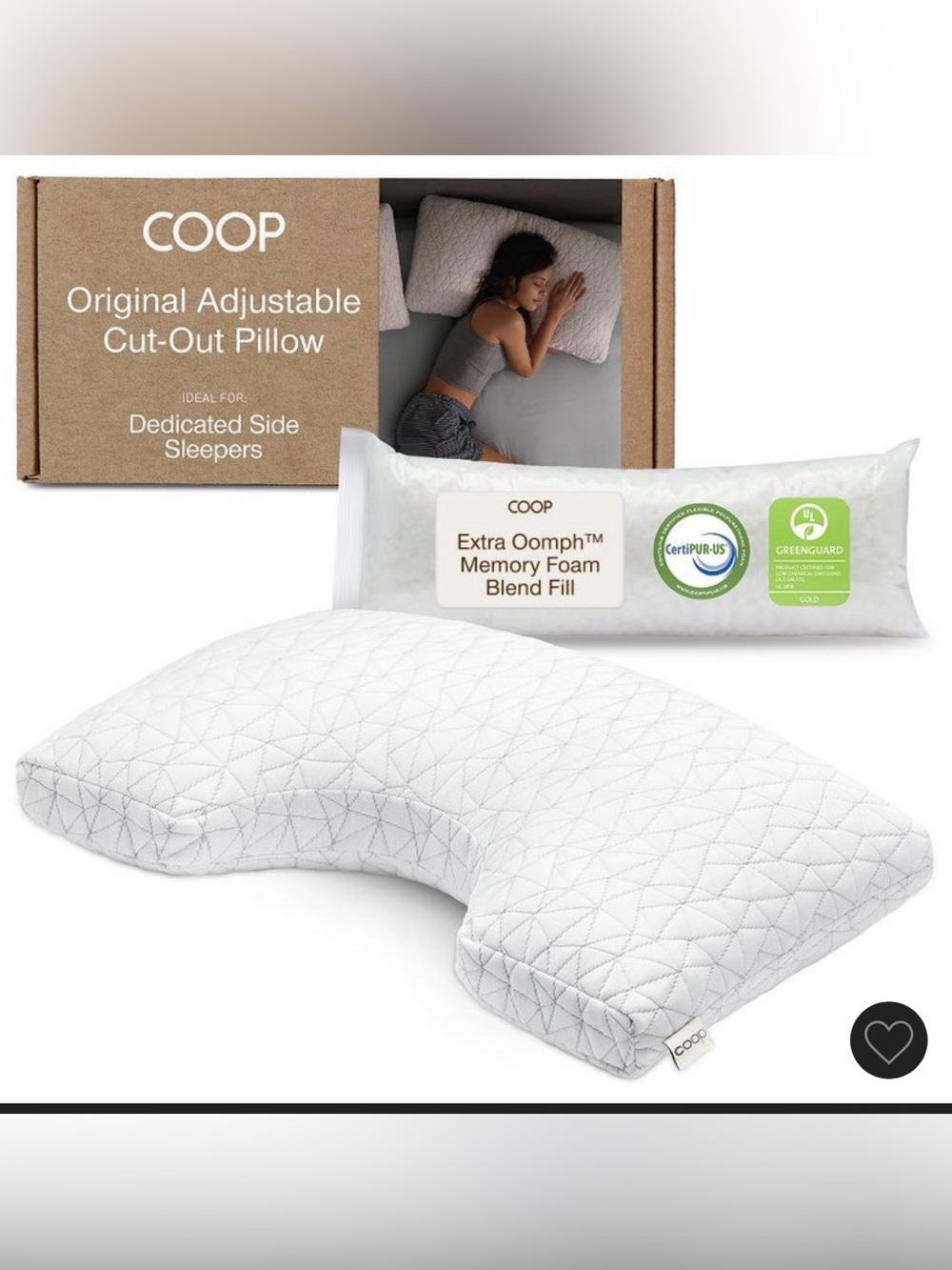 Home Goods White Adjustable Cut-Out Side Pillow with Memory Foam Blend